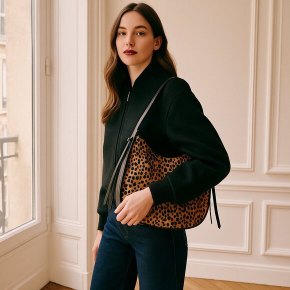 J. Crew Calf Hair Leopard Print Hobo Bag with Black Leather Trim - Picture 1 of 13